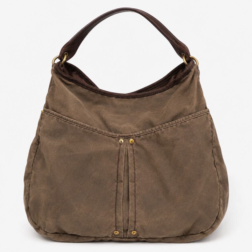 Zara Brown Canvas Leather Trim Hobo Shoulder Bag Women's Large
